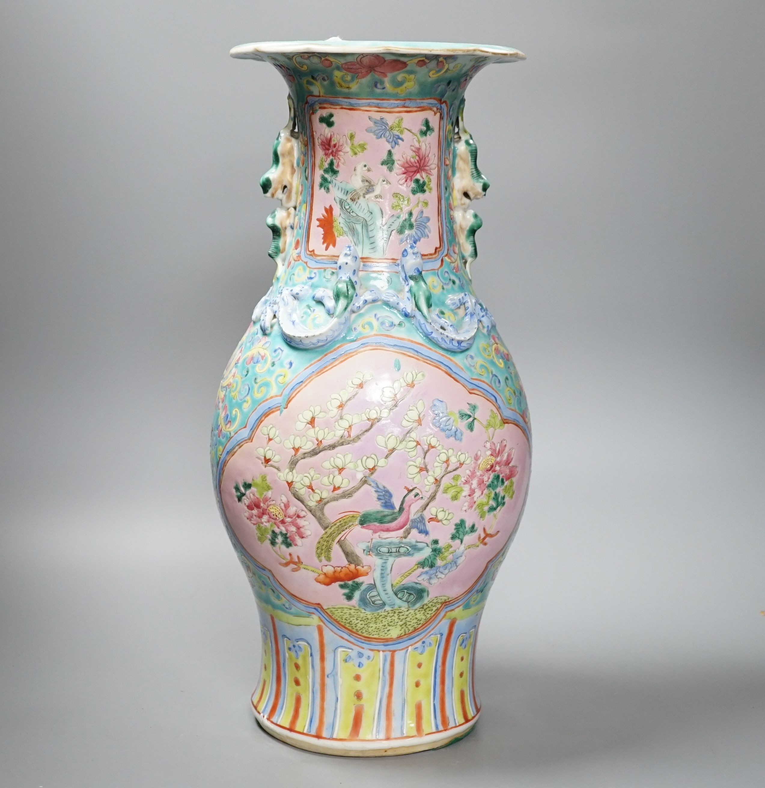 A 19th century Chinese Cantonese two-handled famille rose vase, 44cm